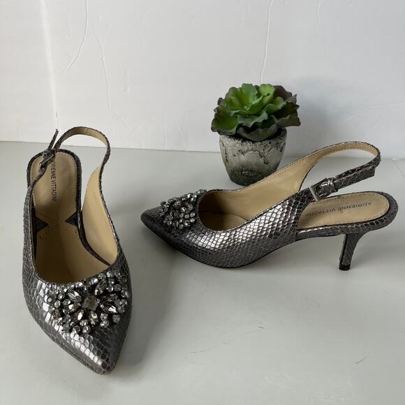 Adrienne Vittadini Surya Slingback Shoes Sz 6M Snake Skin Crystals Pewter Glam - Picture 14 of 15